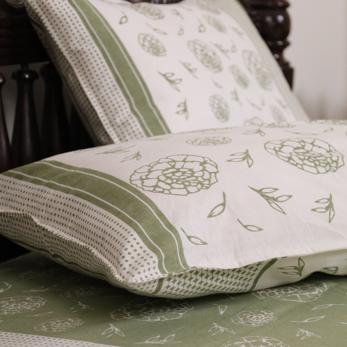 Fern Green & Off White Cotton Bedsheet with Pillow Cover | Marigold Collection