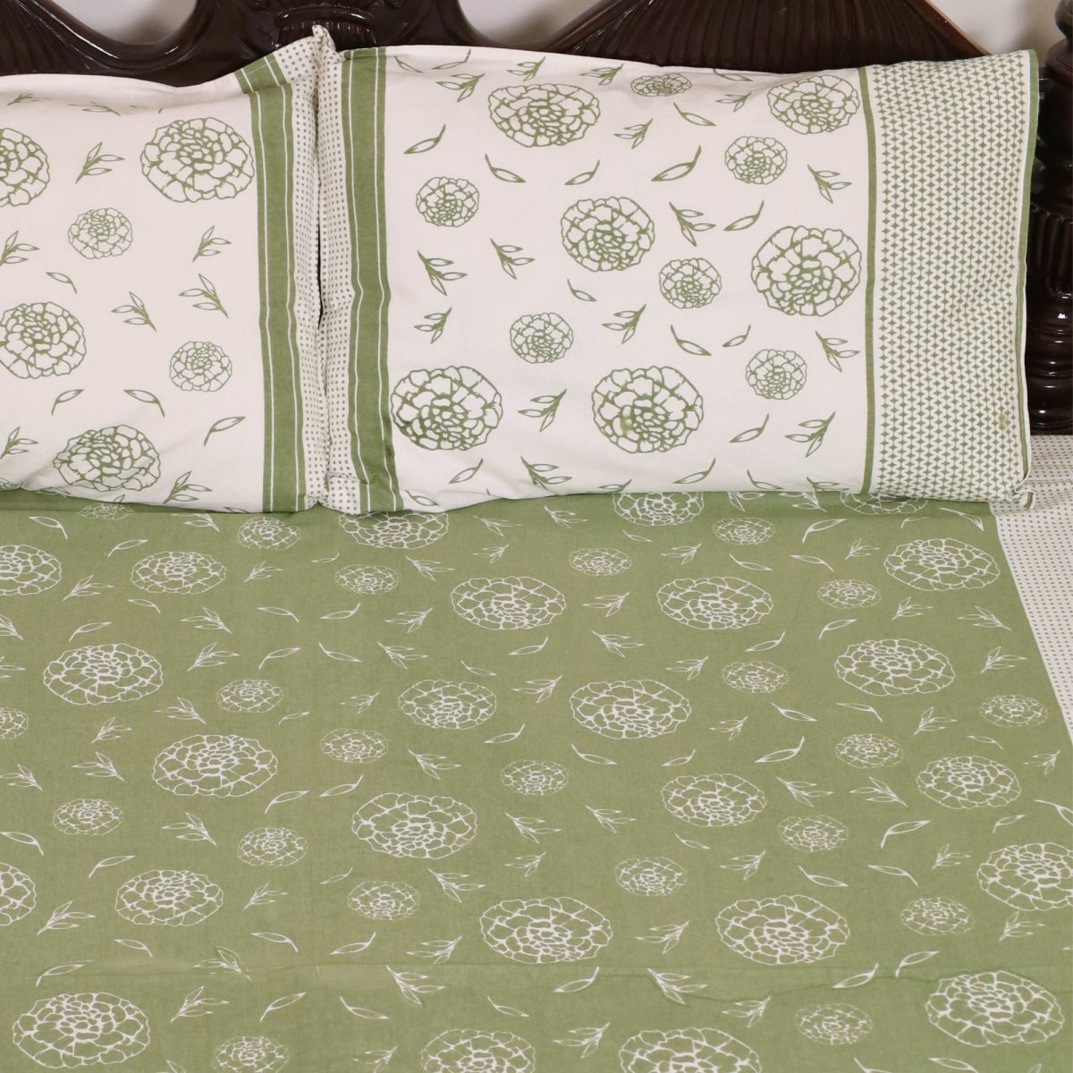 Fern Green & Off White Cotton Bedsheet with Pillow Cover | Marigold Collection