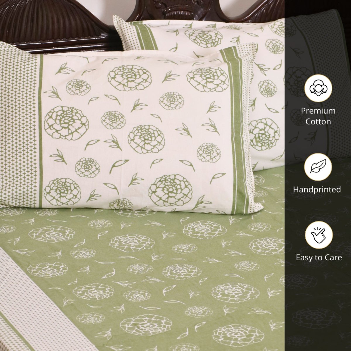 Fern Green & Off White Cotton Bedsheet with Pillow Cover | Marigold Collection
