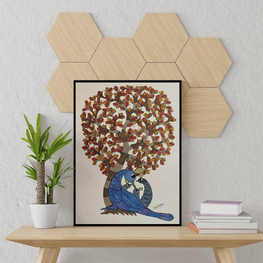 Tribal Gond Original Painting of Peacocks Around the Tree Of Life
