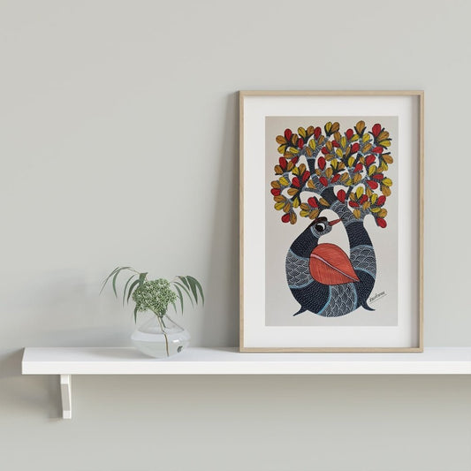 Original painting of a traditional tribal 'Tree Peacock' design, showcasing cultural artistry 