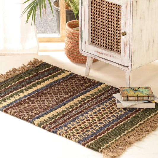 Green Sustainable Floor Rug In 2 x 3 ft | Geometric Pattern | Handcrafted In India
