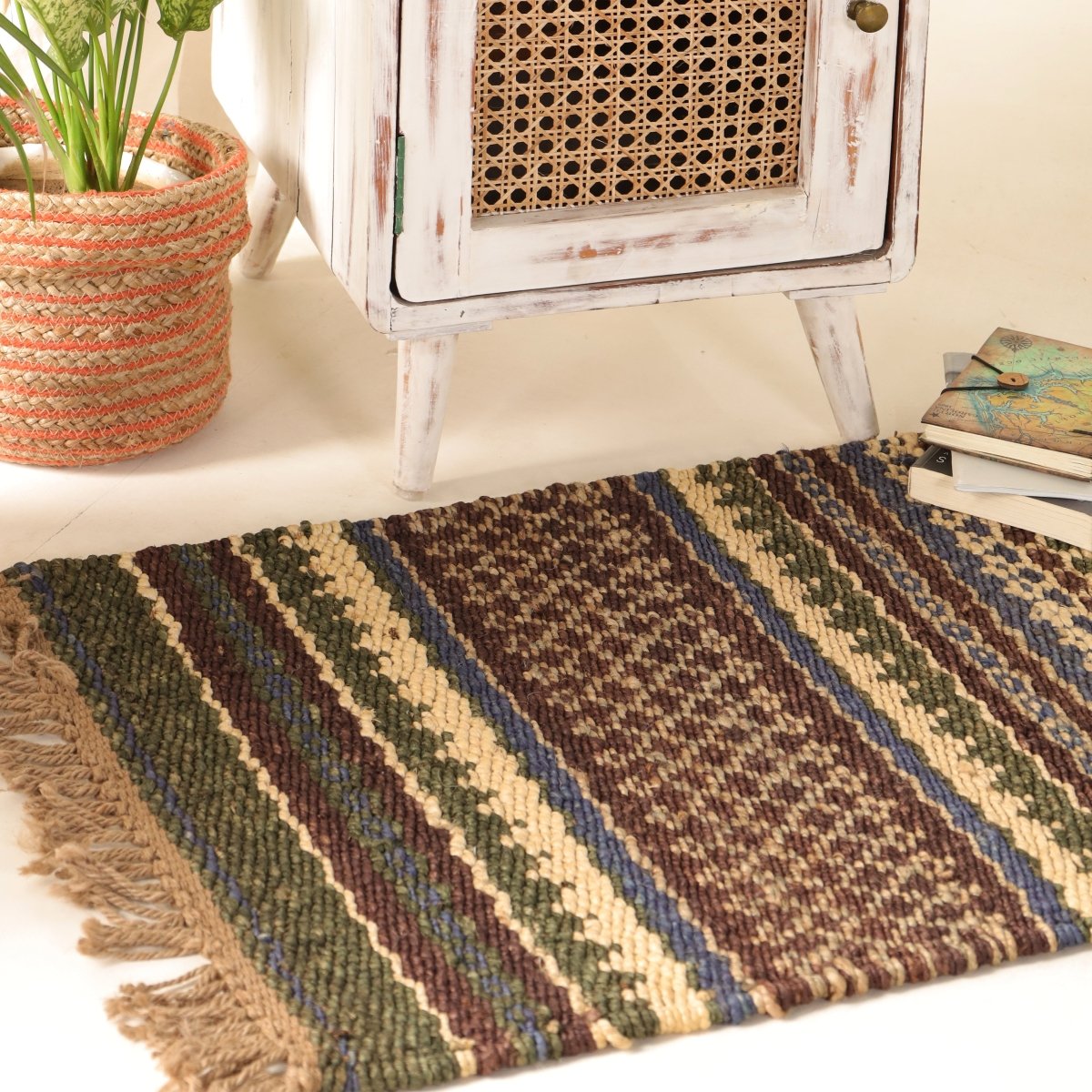 Green Sustainable Floor Rug In 2 x 3 ft | Geometric Pattern | Handcrafted In India