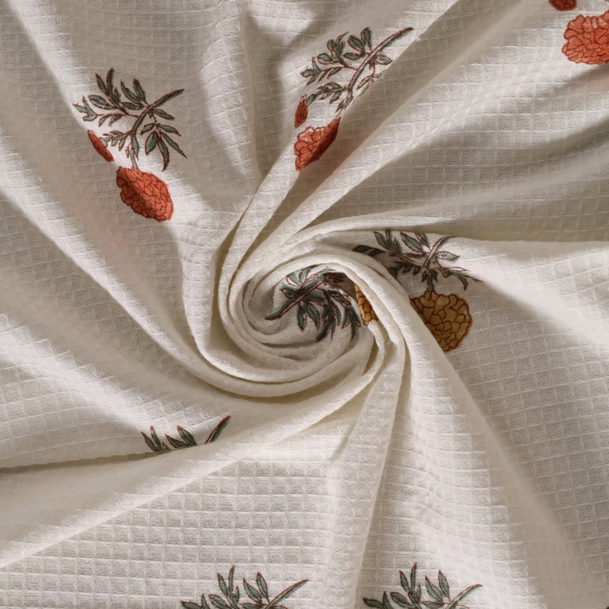 Hand Block-printed Marigold Flowers Towel Set | 1 Bath, 2 Hand, 2 Face Towels | Lightweight Waffle Cotton | Marigold Collection