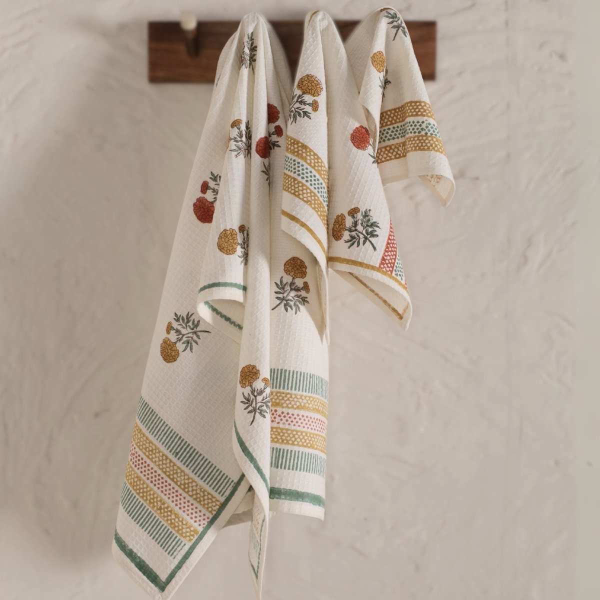 Hand Block-printed Marigold Flowers Towel Set | 1 Bath, 2 Hand, 2 Face Towels | Lightweight Waffle Cotton | Marigold Collection