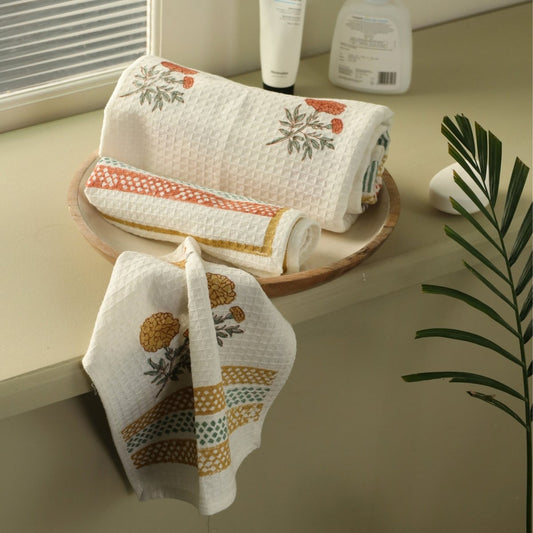 Hand Block-printed Marigold Flowers Towel Set | 1 Bath, 2 Hand, 2 Face Towels | Lightweight Waffle Cotton | Marigold Collection