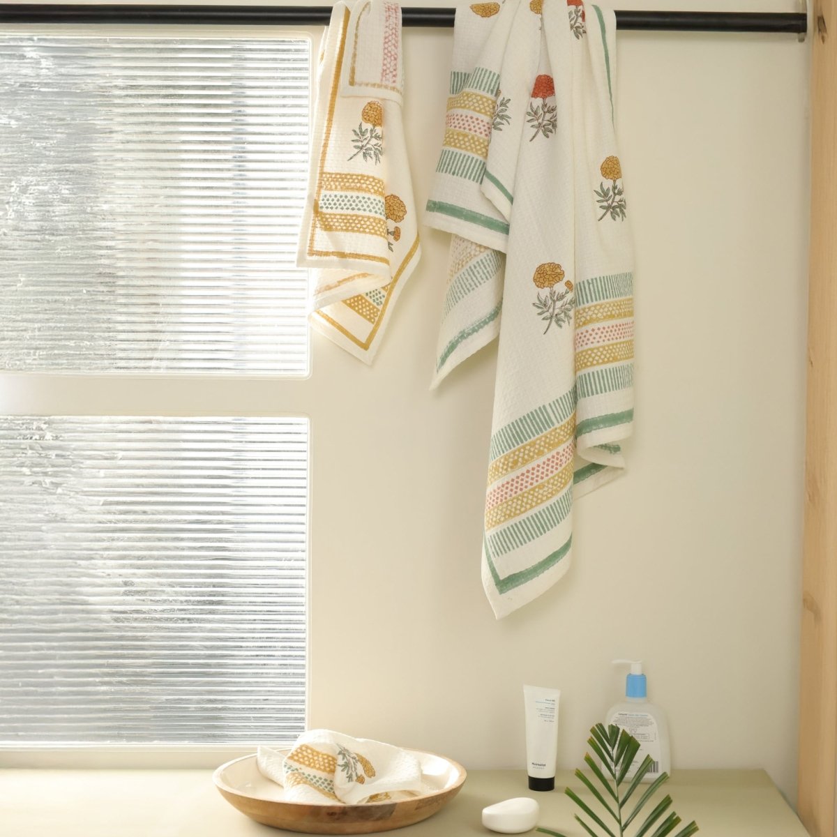 Hand Block-printed Marigold Flowers Towel Set | 1 Bath, 2 Hand, 2 Face Towels | Lightweight Waffle Cotton | Marigold Collection