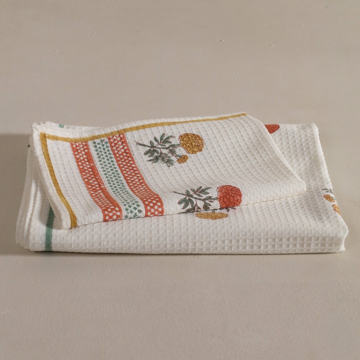 Hand Block-printed Marigold Flowers Towel Set | 1 Bath, 2 Hand, 2 Face Towels | Lightweight Waffle Cotton | Marigold Collection