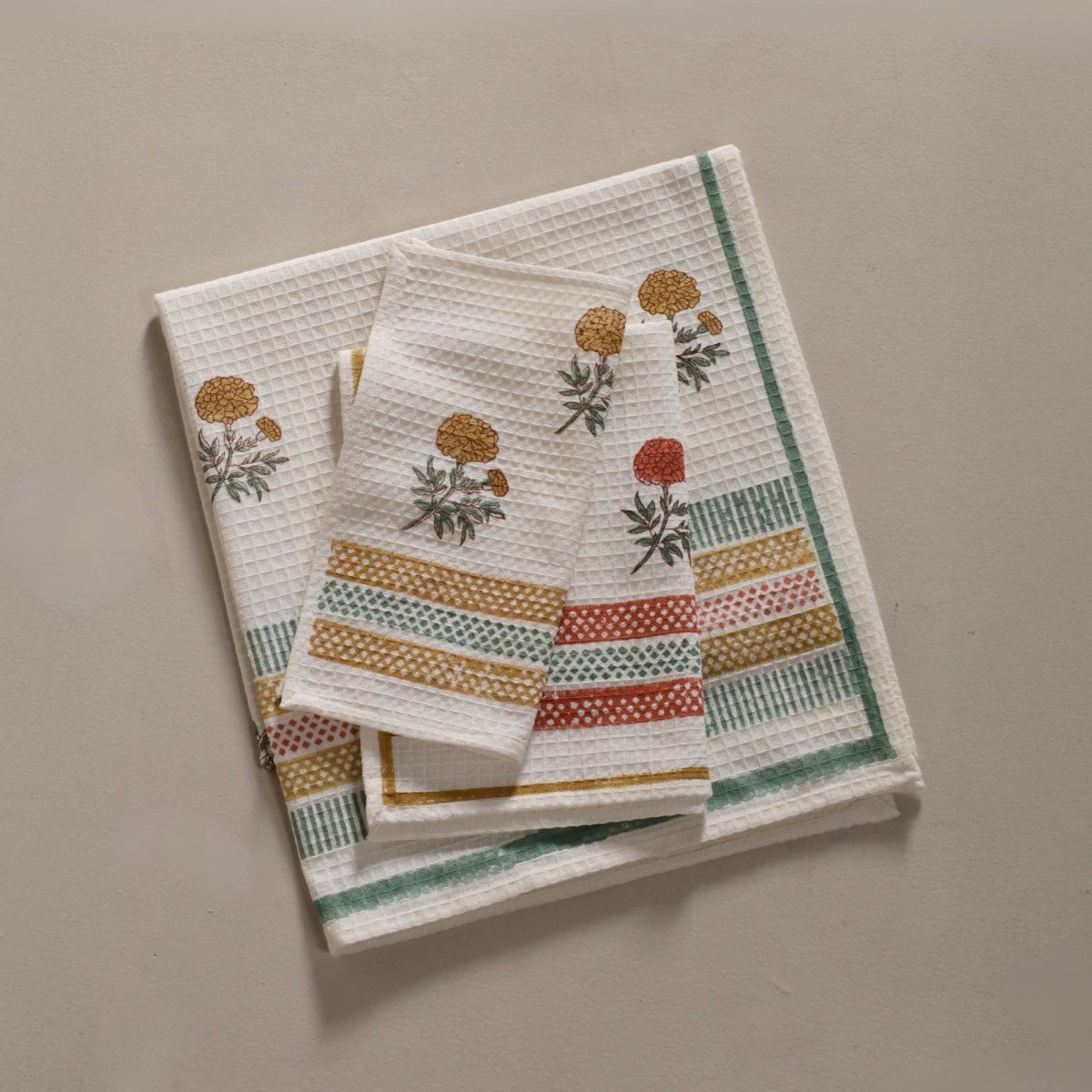 Hand Block-printed Marigold Flowers Towel Set | 1 Bath, 2 Hand, 2 Face Towels | Lightweight Waffle Cotton | Marigold Collection