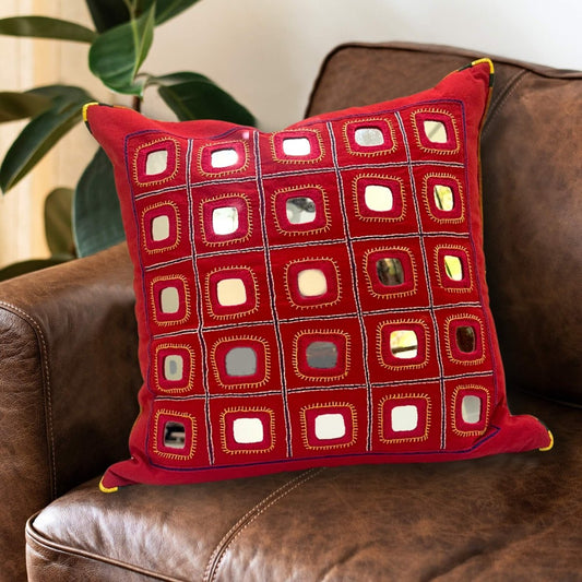 Red Lambani Starlight cushion cover, showcasing traditional artistry