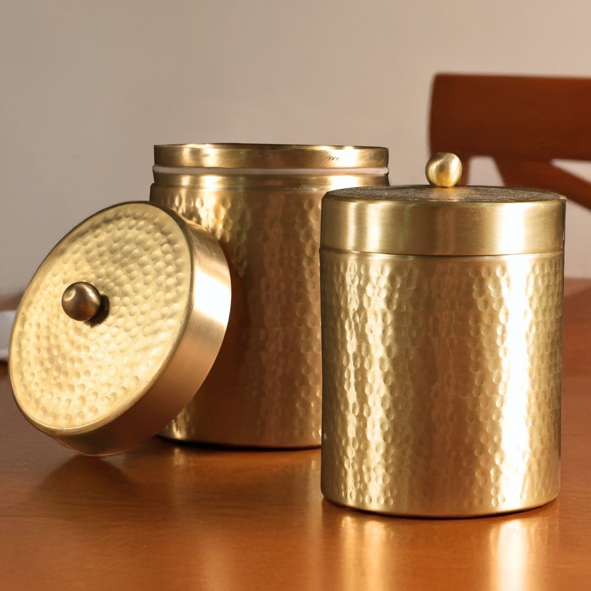 Handcrafted Hammered Brass Jar with Lid | Medium: 3.5" Diameter, 4.5" Height