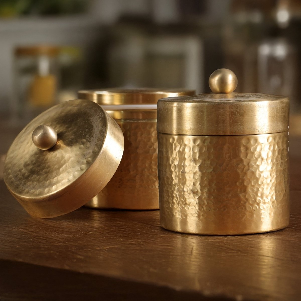 Handcrafted Hammered Brass Jar with Lid | Small: 3" Diameter, 3" Height
