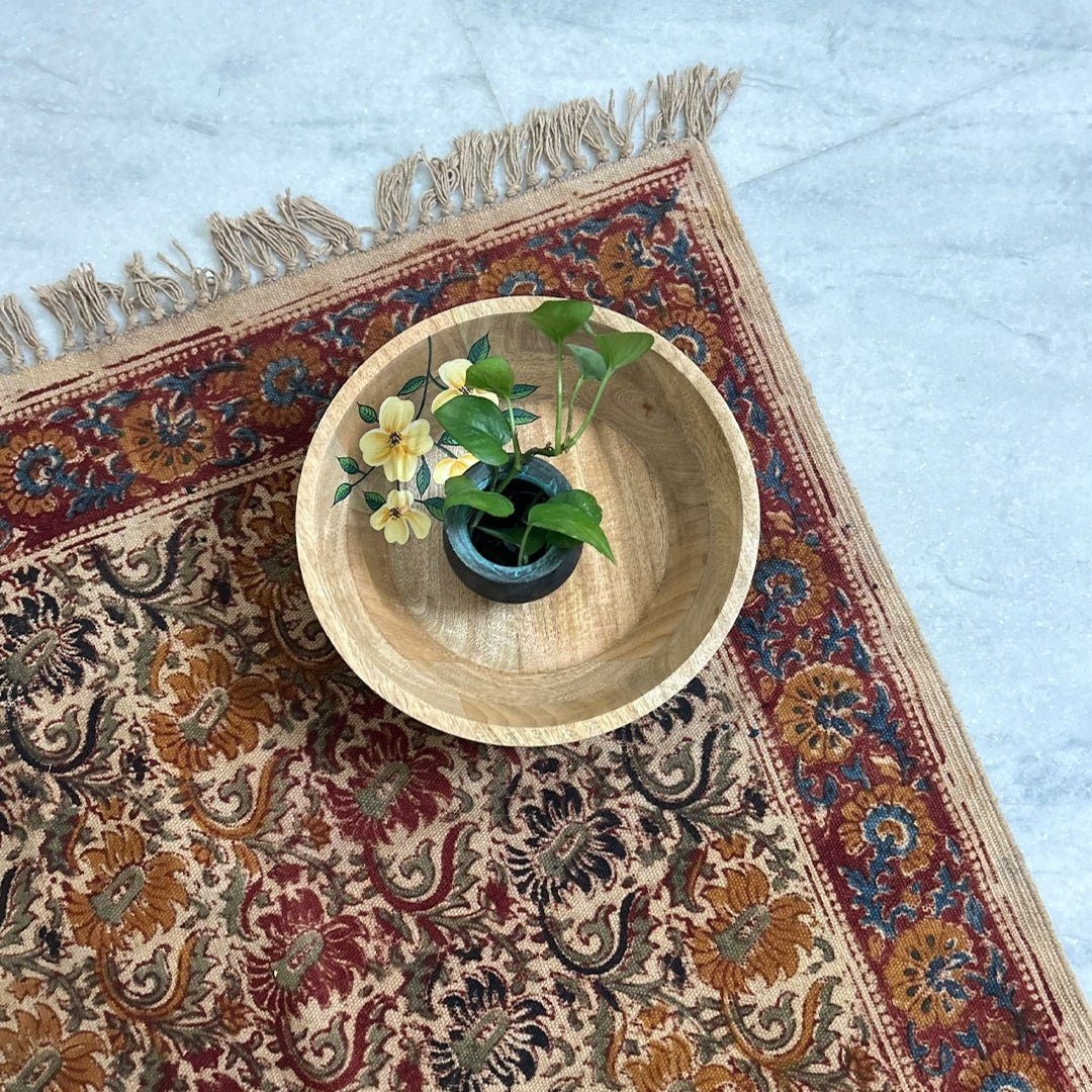 Handcrafted Kalamkari Print Cotton Rug with a Floral Design in Earth Tones