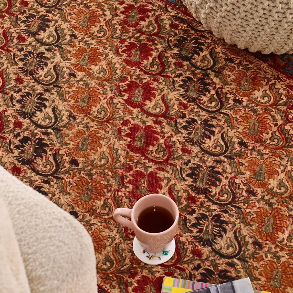 Handcrafted Kalamkari Print Cotton Rug with a Floral Design in Earth Tones