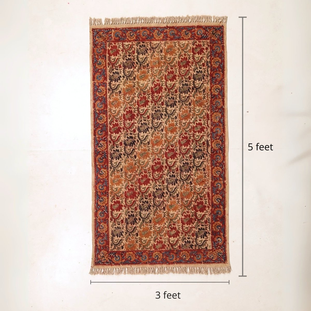 Handcrafted Kalamkari Print Cotton Rug with a Floral Design in Earth Tones
