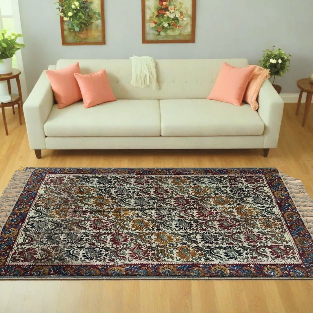 Handcrafted Kalamkari Print Cotton Rug with a Floral Design in Earth Tones