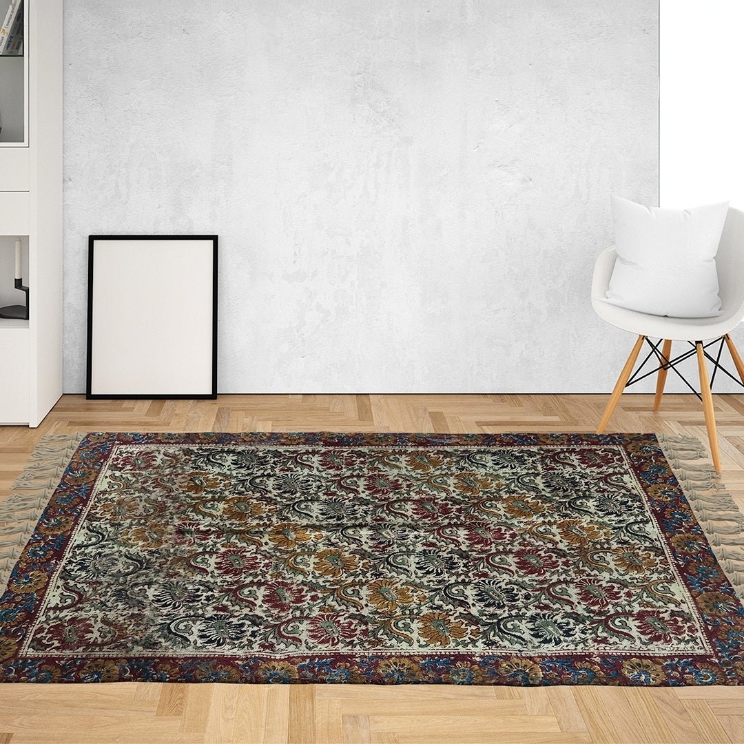 Handcrafted Kalamkari Print Cotton Rug with a Floral Design in Earth Tones