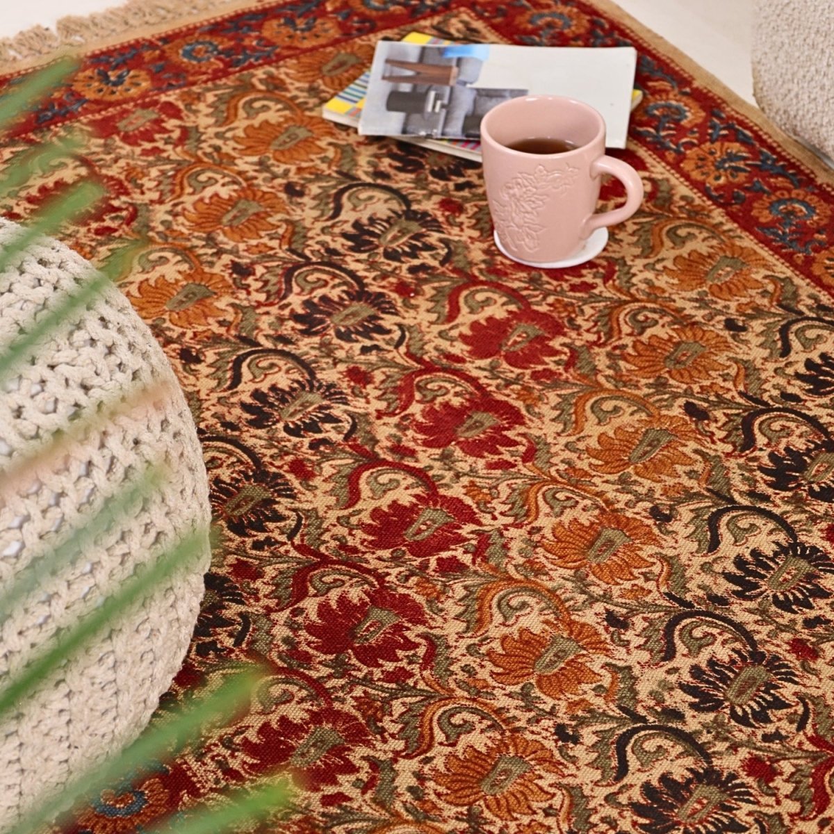 Handcrafted Kalamkari Print Cotton Rug with a Floral Design in Earth Tones