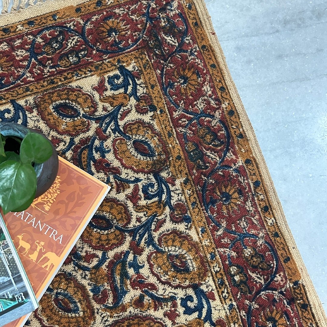 Handcrafted Kalamkari Print Cotton Rug with a Floral Design Ochre and Indigo