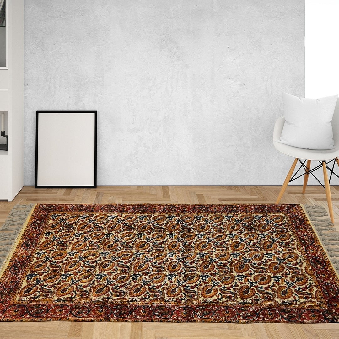 Handcrafted Kalamkari Print Cotton Rug with a Floral Design Ochre and Indigo