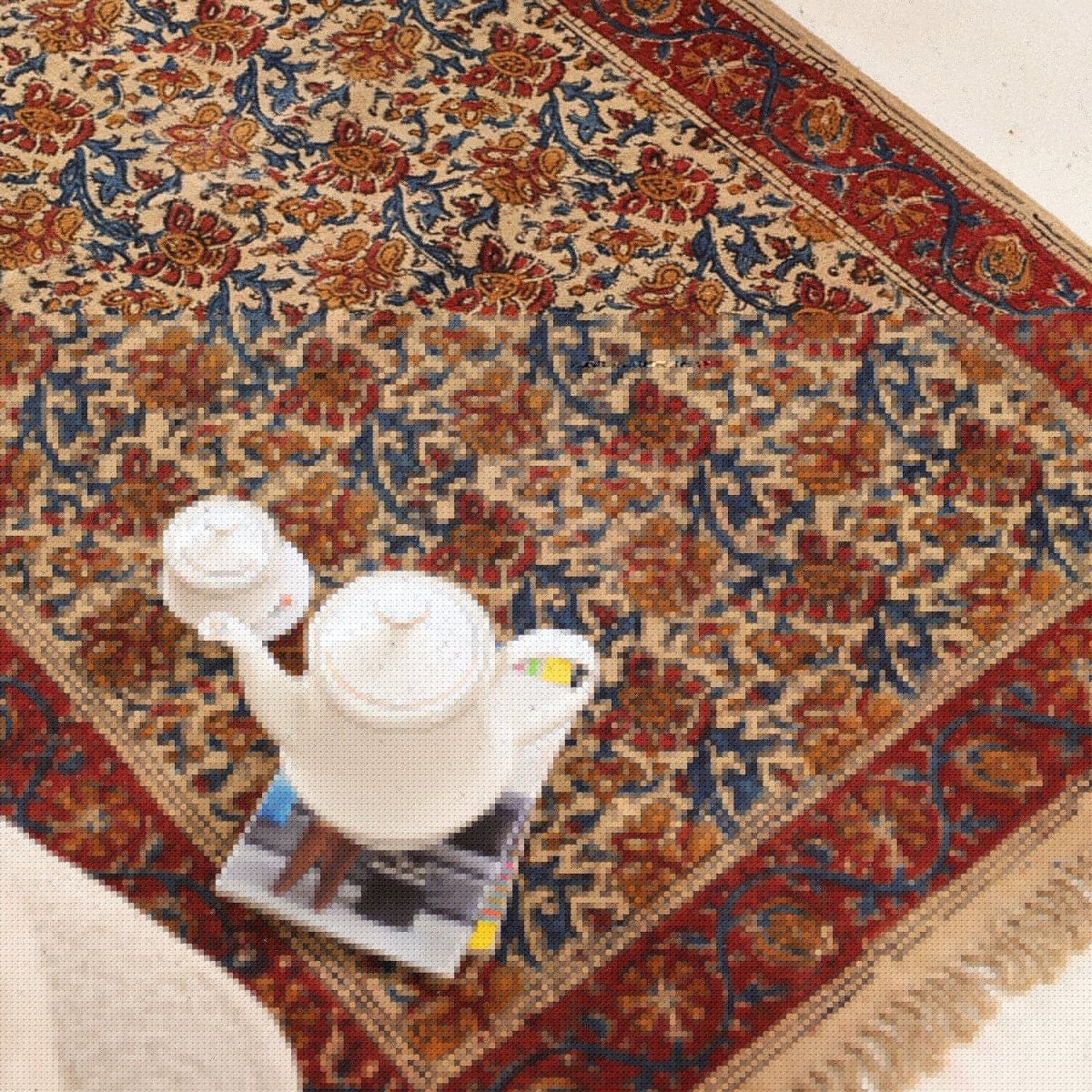 Handcrafted Kalamkari Print Cotton Rug with a Maroon, Beige, and Blue Floral Design