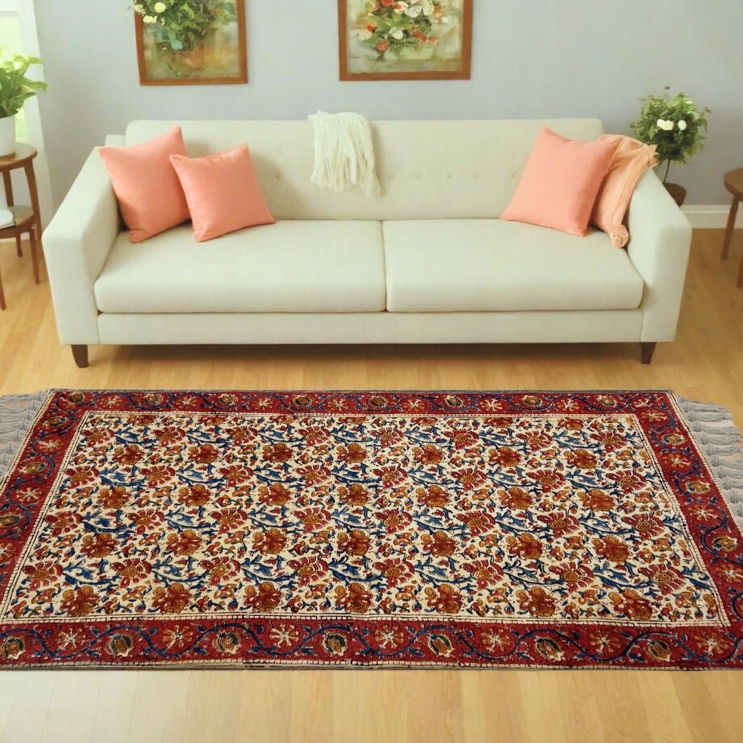 Handcrafted Kalamkari Print Cotton Rug with a Maroon, Beige, and Blue Floral Design