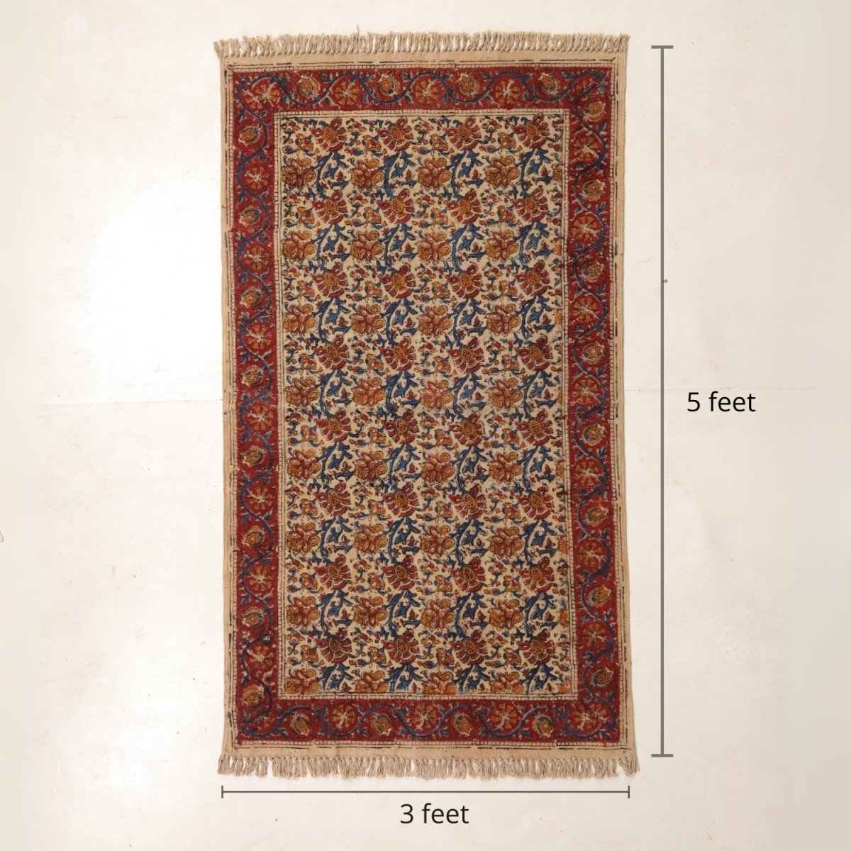 Handcrafted Kalamkari Print Cotton Rug with a Maroon, Beige, and Blue Floral Design