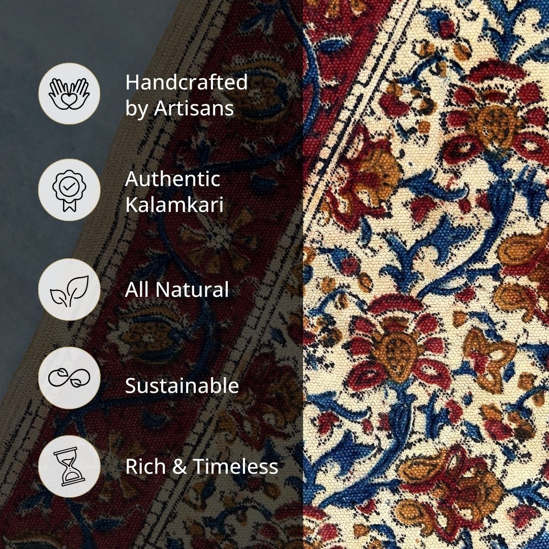 Handcrafted Kalamkari Print Cotton Rug with a Maroon, Beige, and Blue Floral Design