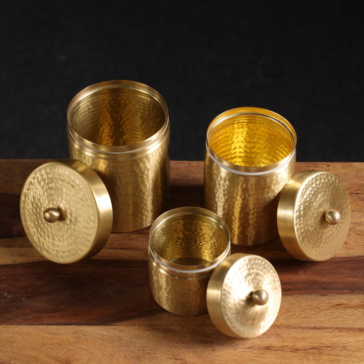 Handcrafted Pure Brass Jar with Lid | Set of 3 | Small, Medium, and Large