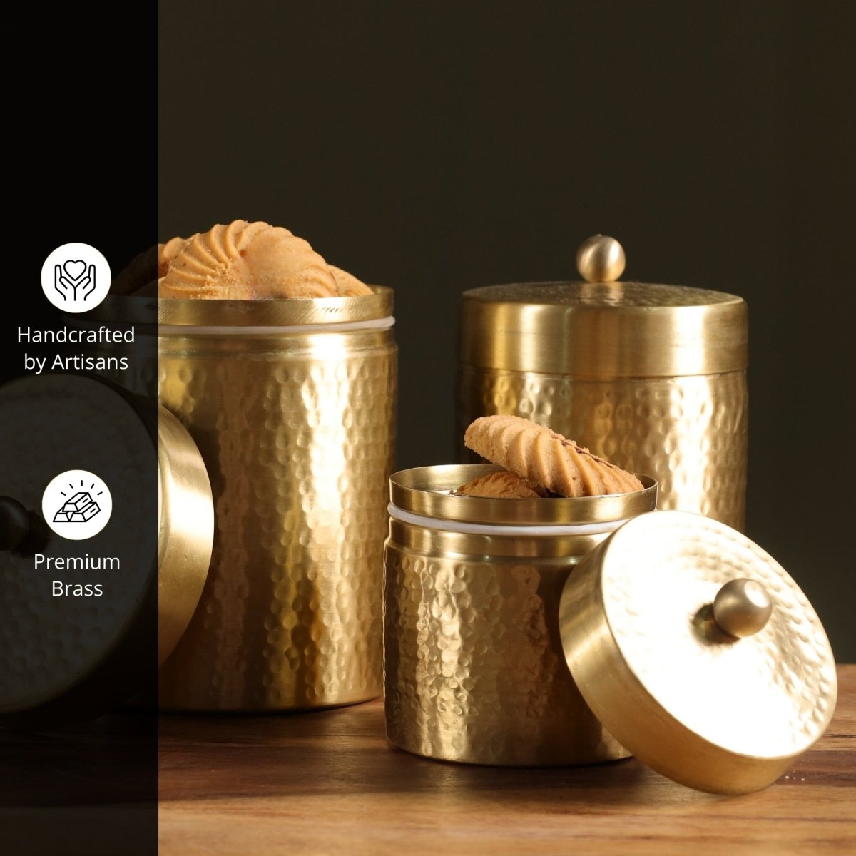 Handcrafted Pure Brass Jar with Lid | Set of 3 | Small, Medium, and Large