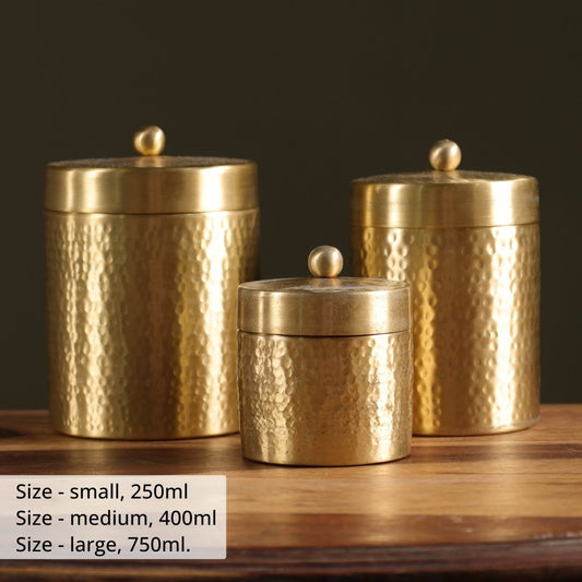 Handcrafted Pure Brass Jar with Lid | Set of 3 | Small, Medium, and Large