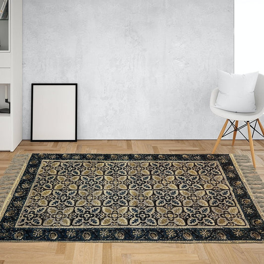 Handmade Cotton Rugs In A Indigo And Beige Kalamkari Print | Handmade In India