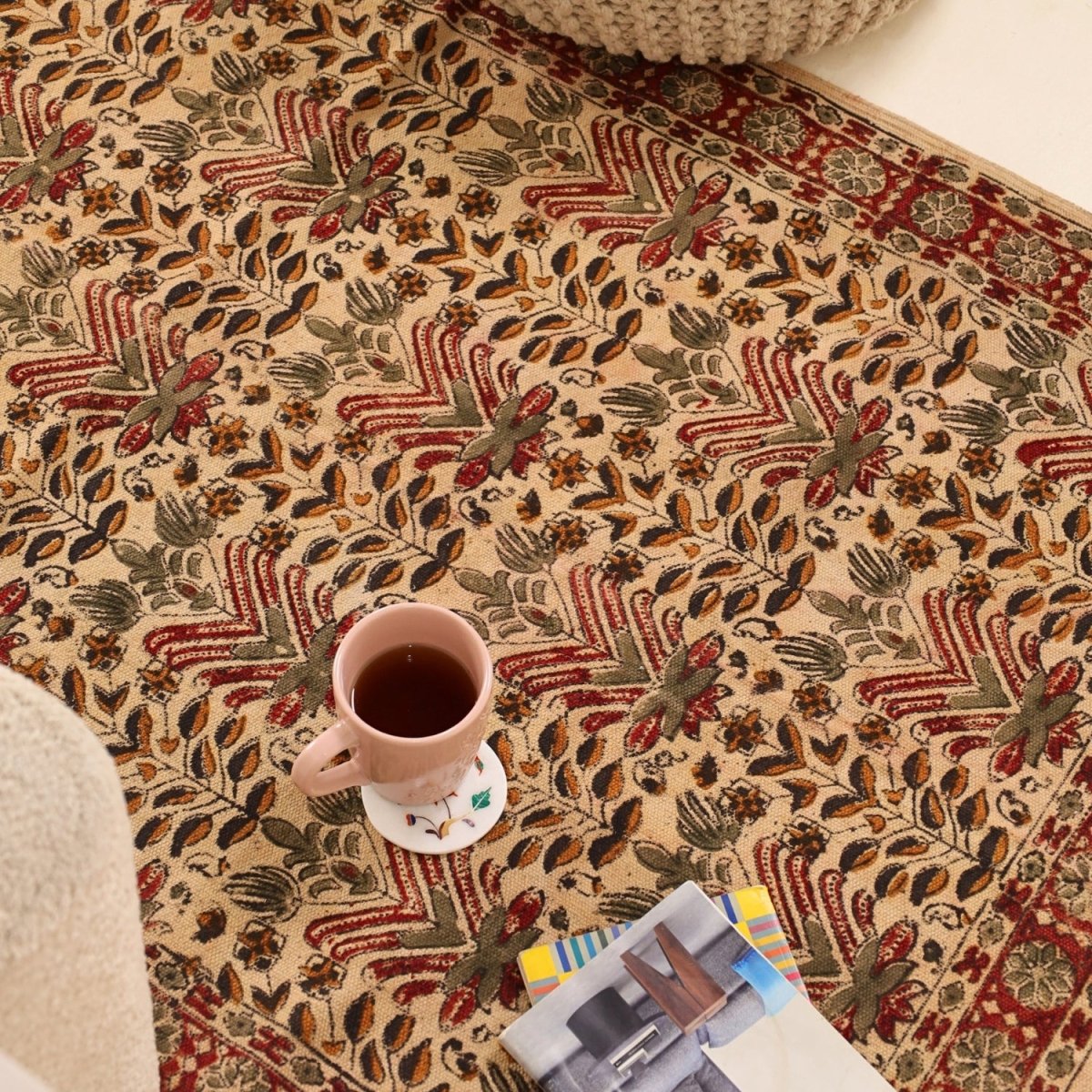 Handmade Cotton Rugs In Floral Kalamkari Print | Handmade In India