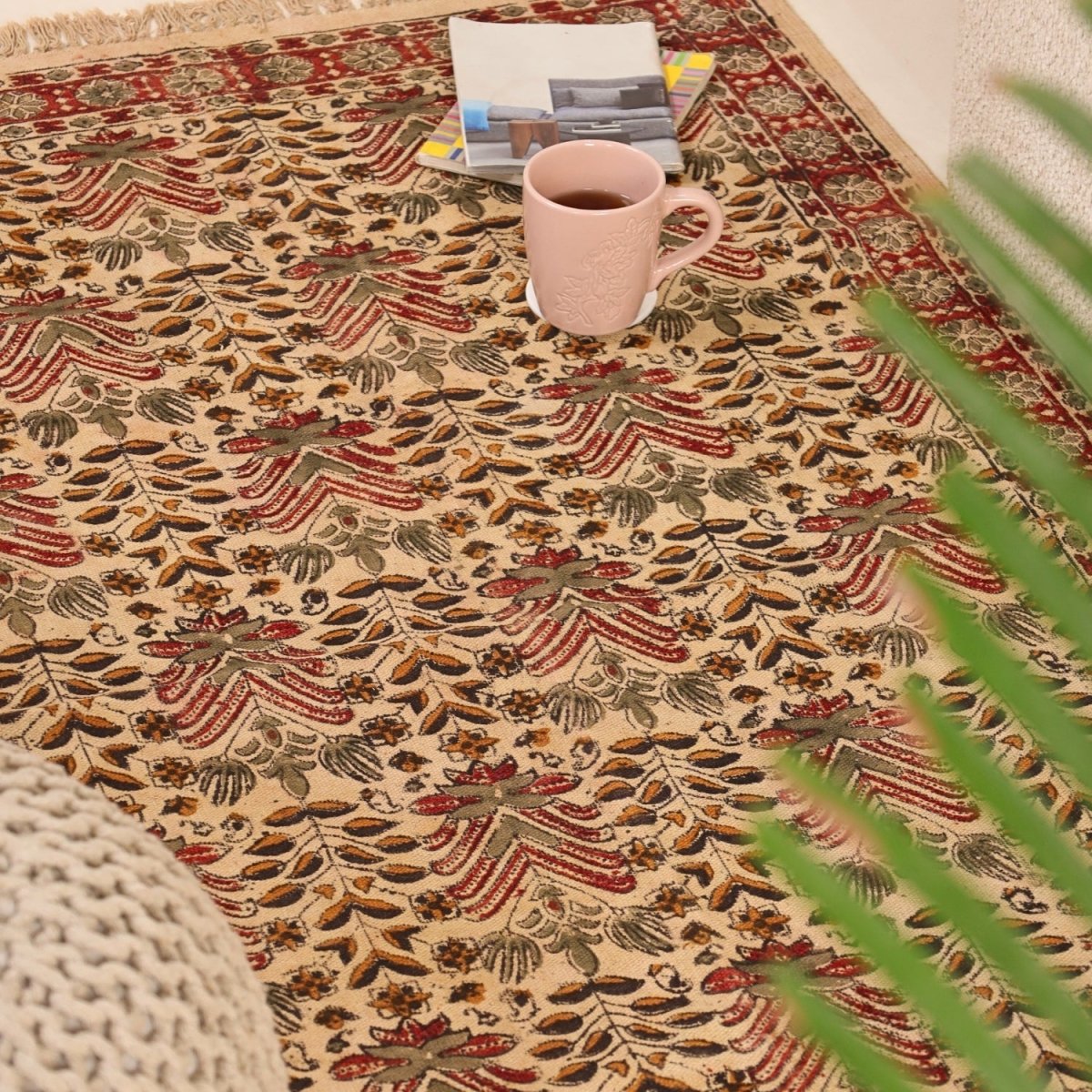 Handmade Cotton Rugs In Floral Kalamkari Print | Handmade In India