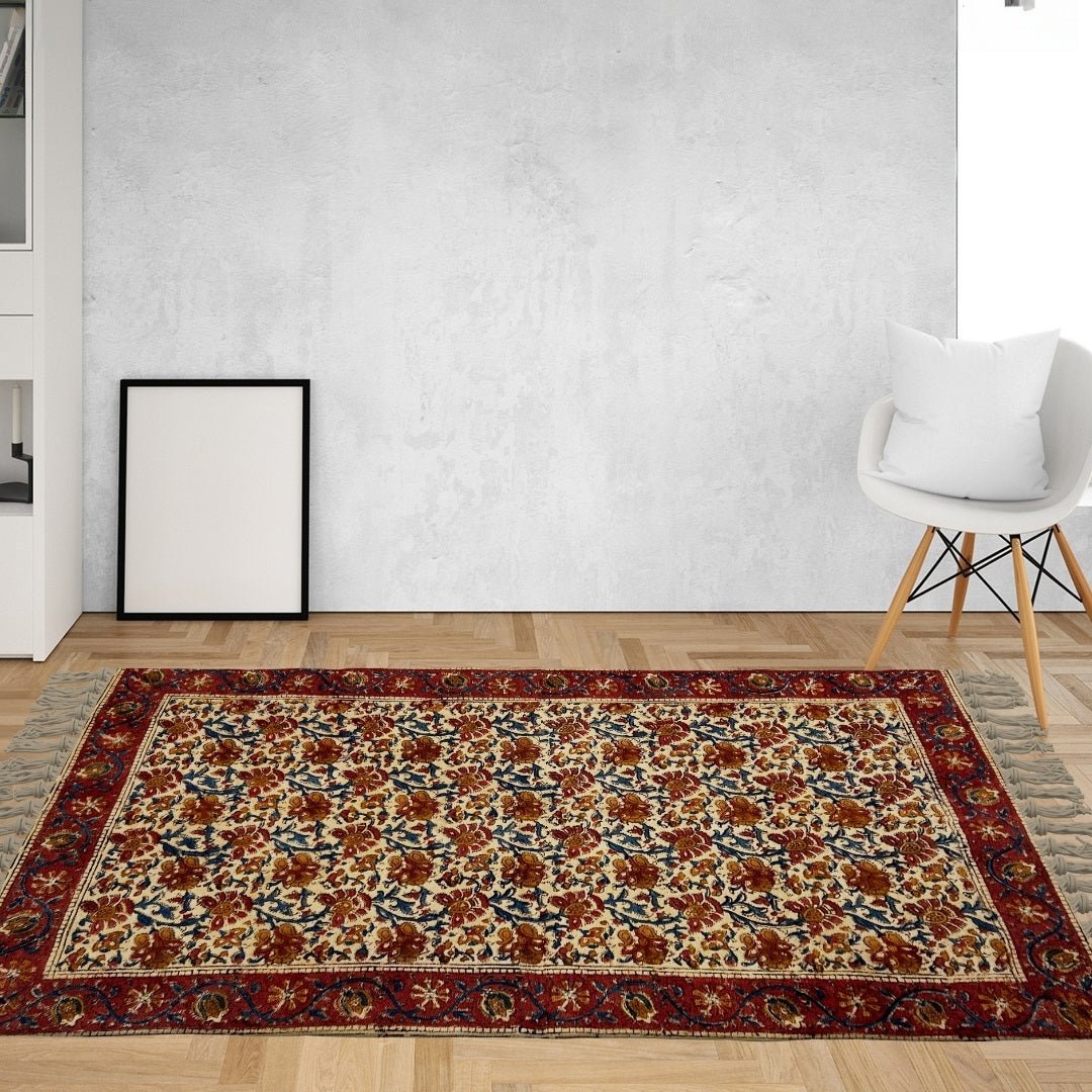 Handmade Cotton Rugs In Maroon, Blue, And Beige With A Floral Kalamkari Print | Handmade In India