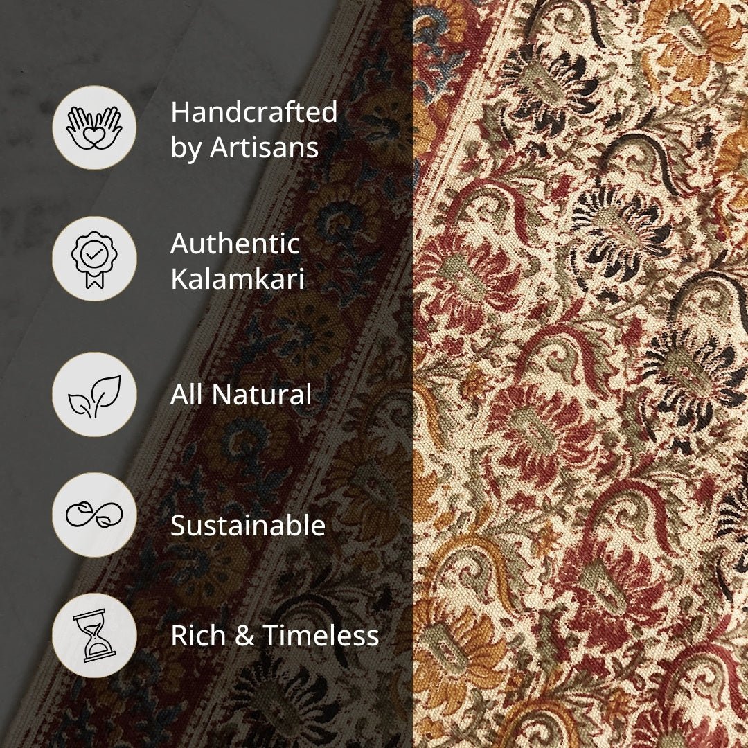 Handmade Cotton Rugs With Floral Kalamkari Print In Earth Tones | Handmade In India