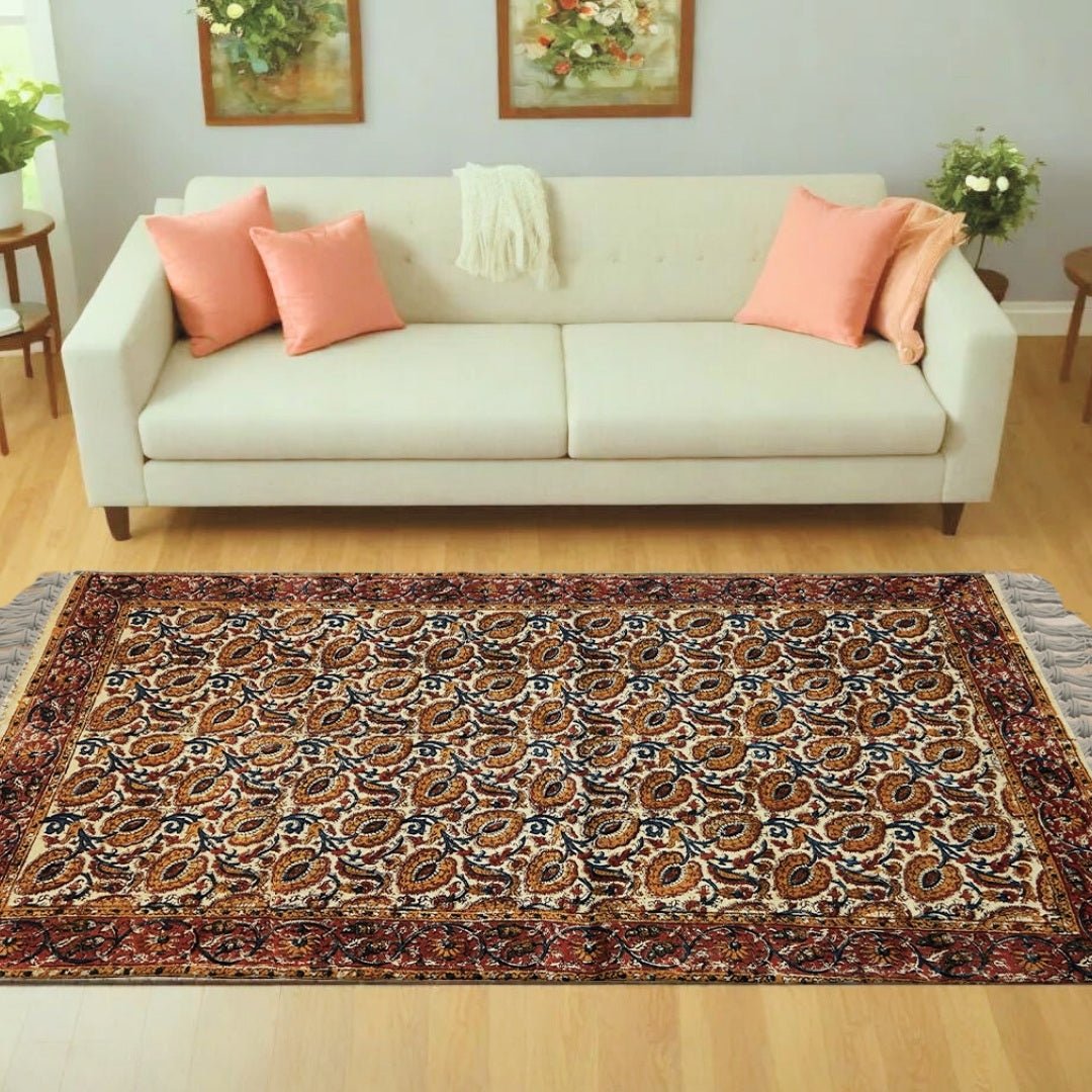 Handmade Cotton Rugs With A Floral Kalamkari Print In Ochre And Indigo | Handmade In India