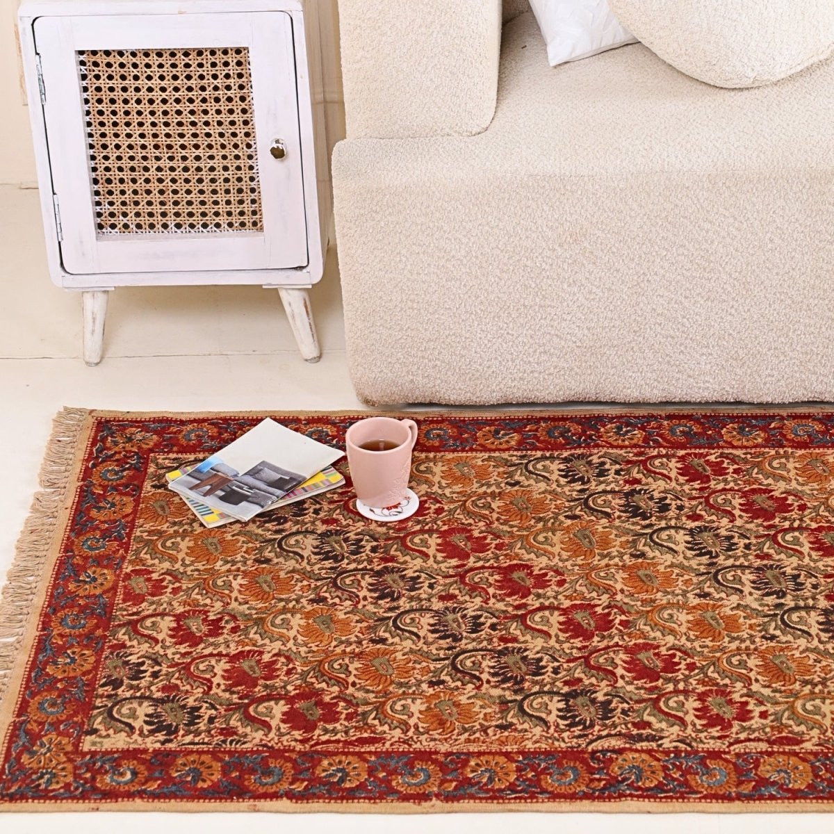 Handmade Cotton Rugs With Floral Kalamkari Print In Earth Tones | Handmade In India