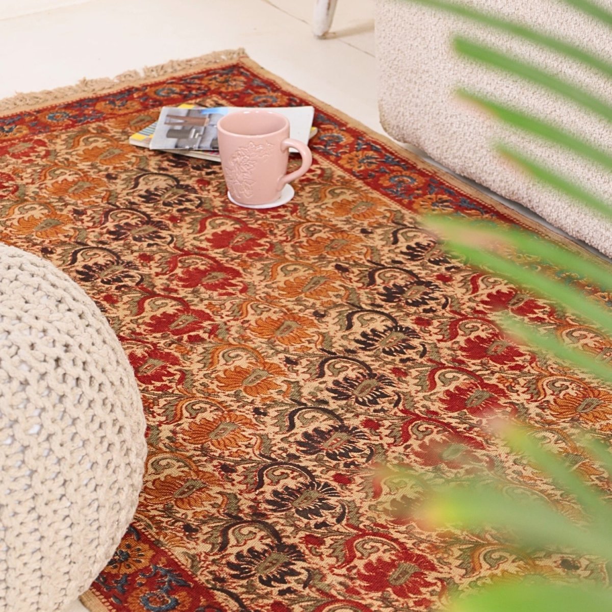 Handmade Cotton Rugs With Floral Kalamkari Print In Earth Tones | Handmade In India