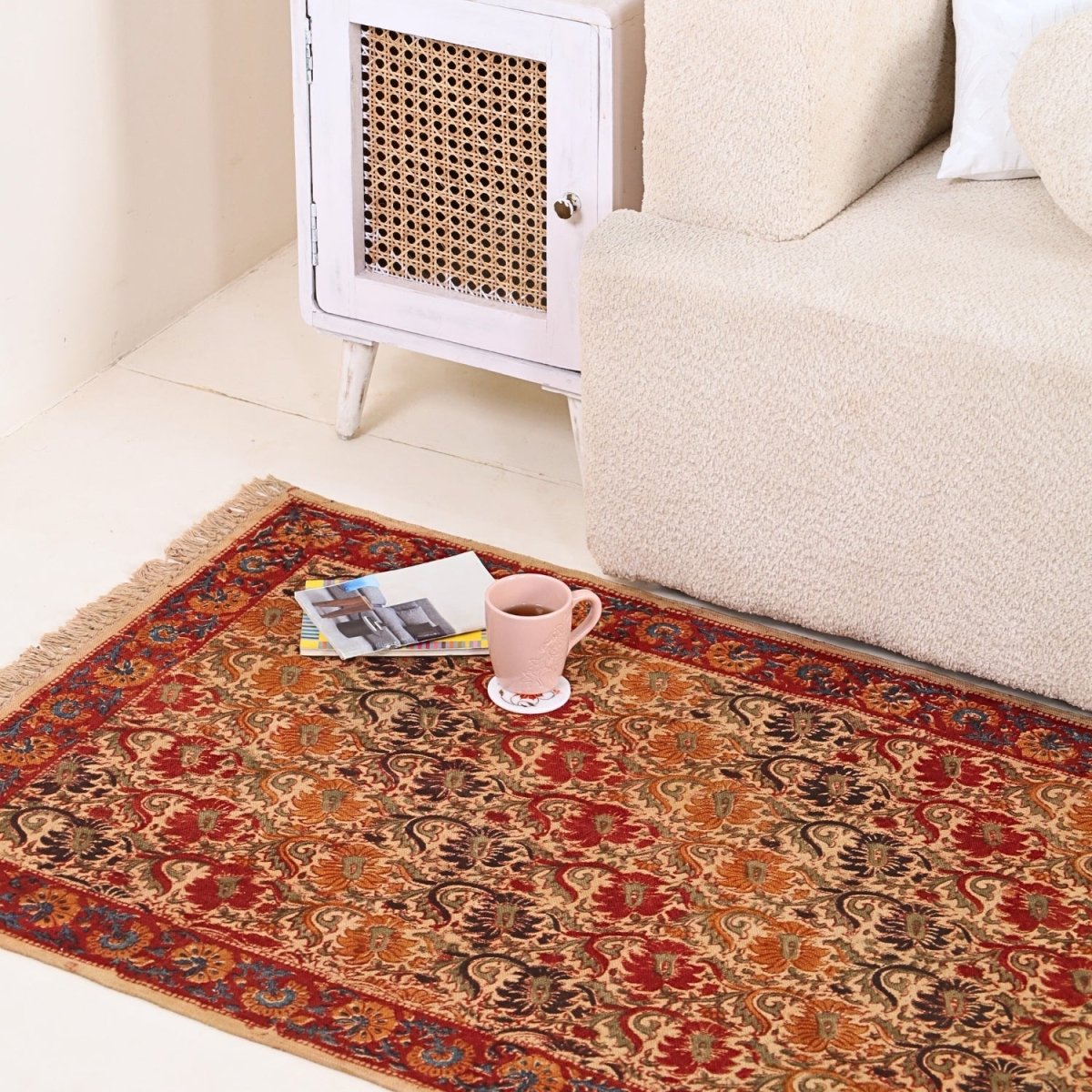 Handmade Cotton Rugs With Floral Kalamkari Print In Earth Tones | Handmade In India