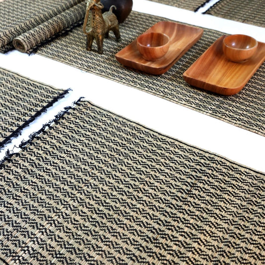 Handmade Dining Table Mats and Table Runner in Black (Set of 6/4) | Eco Friendly Tableware Sustainably Handwoven from Natural Grass