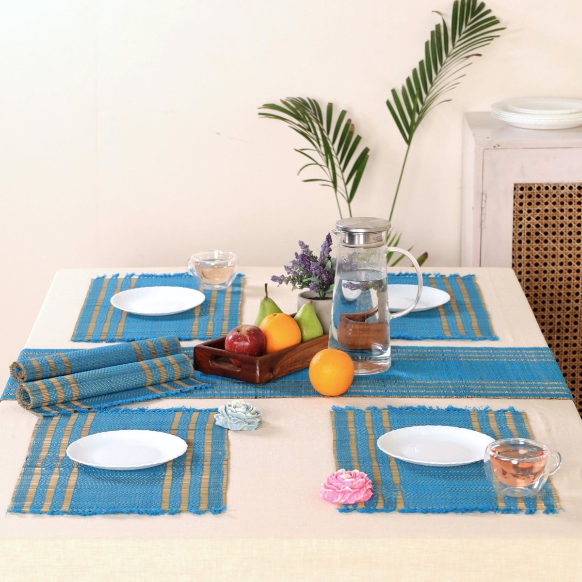 Dining Table Mats and Table Runner In Blue Set of 6 and 4 | Tableware Handwoven from Natural Grass