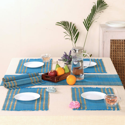 Dining Table Mats and Table Runner In Blue Set of 6 and 4 | Tableware Handwoven from Natural Grass