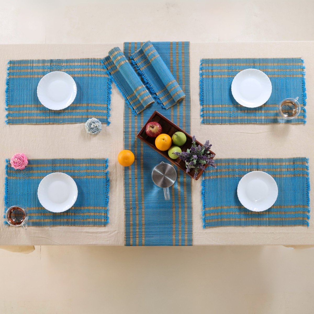 Dining Table Mats and Table Runner In Blue Set of 6 and 4 | Tableware Handwoven from Natural Grass