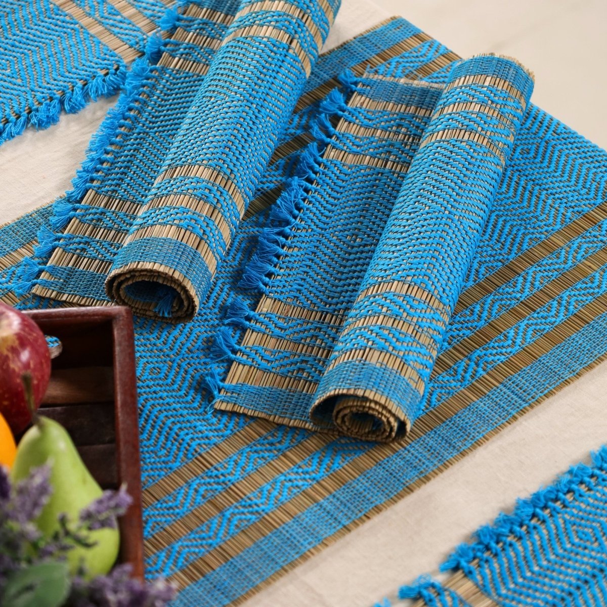 Dining Table Mats and Table Runner In Blue Set of 6 and 4 | Tableware Handwoven from Natural Grass