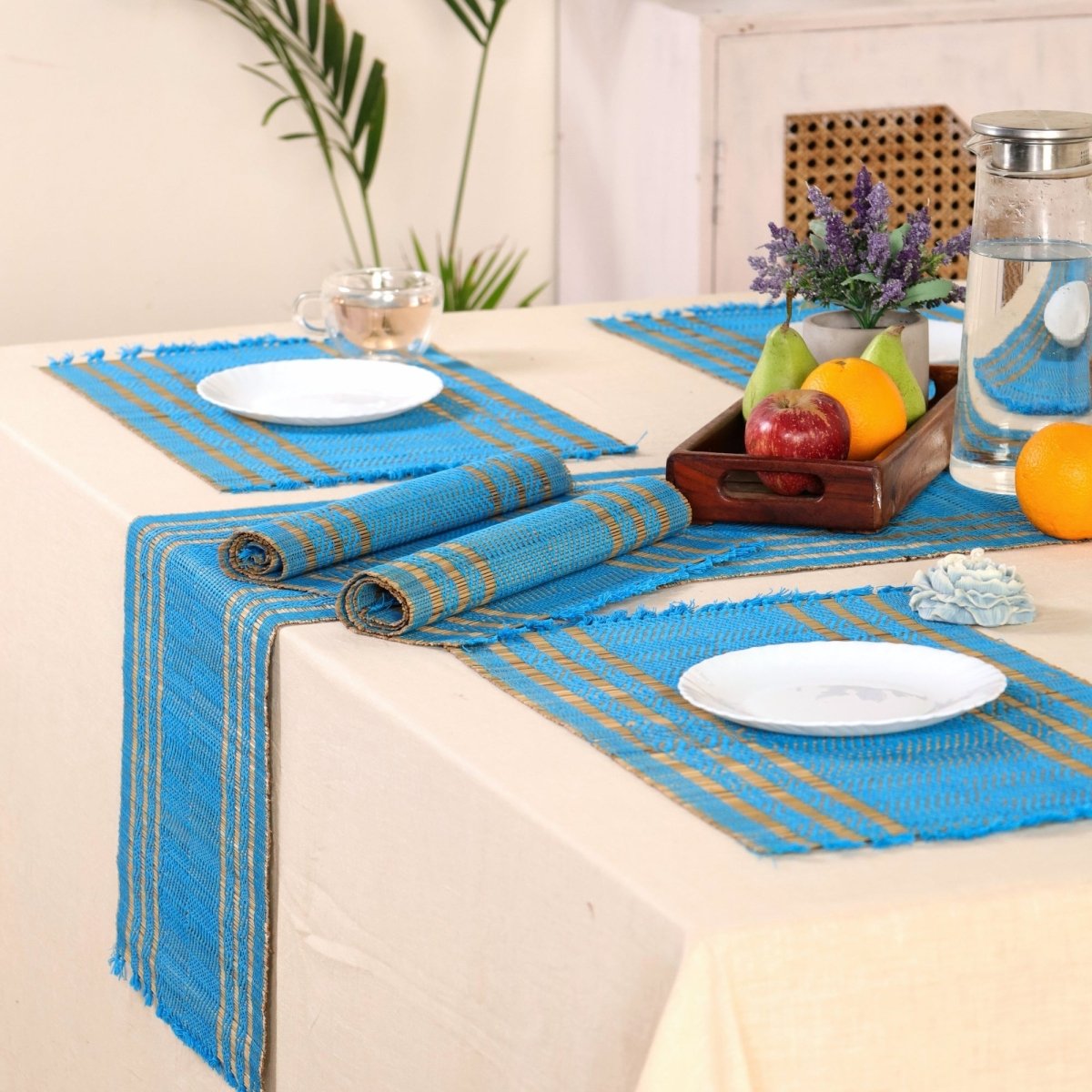 Dining Table Mats and Table Runner In Blue Set of 6 and 4 | Tableware Handwoven from Natural Grass