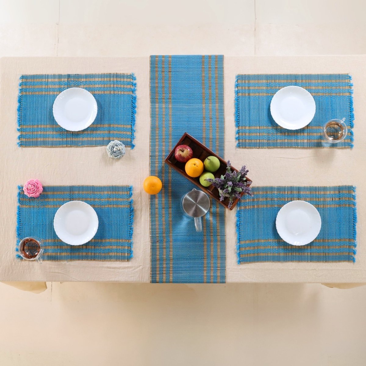 Dining Table Mats and Table Runner In Blue Set of 6 and 4 | Tableware Handwoven from Natural Grass