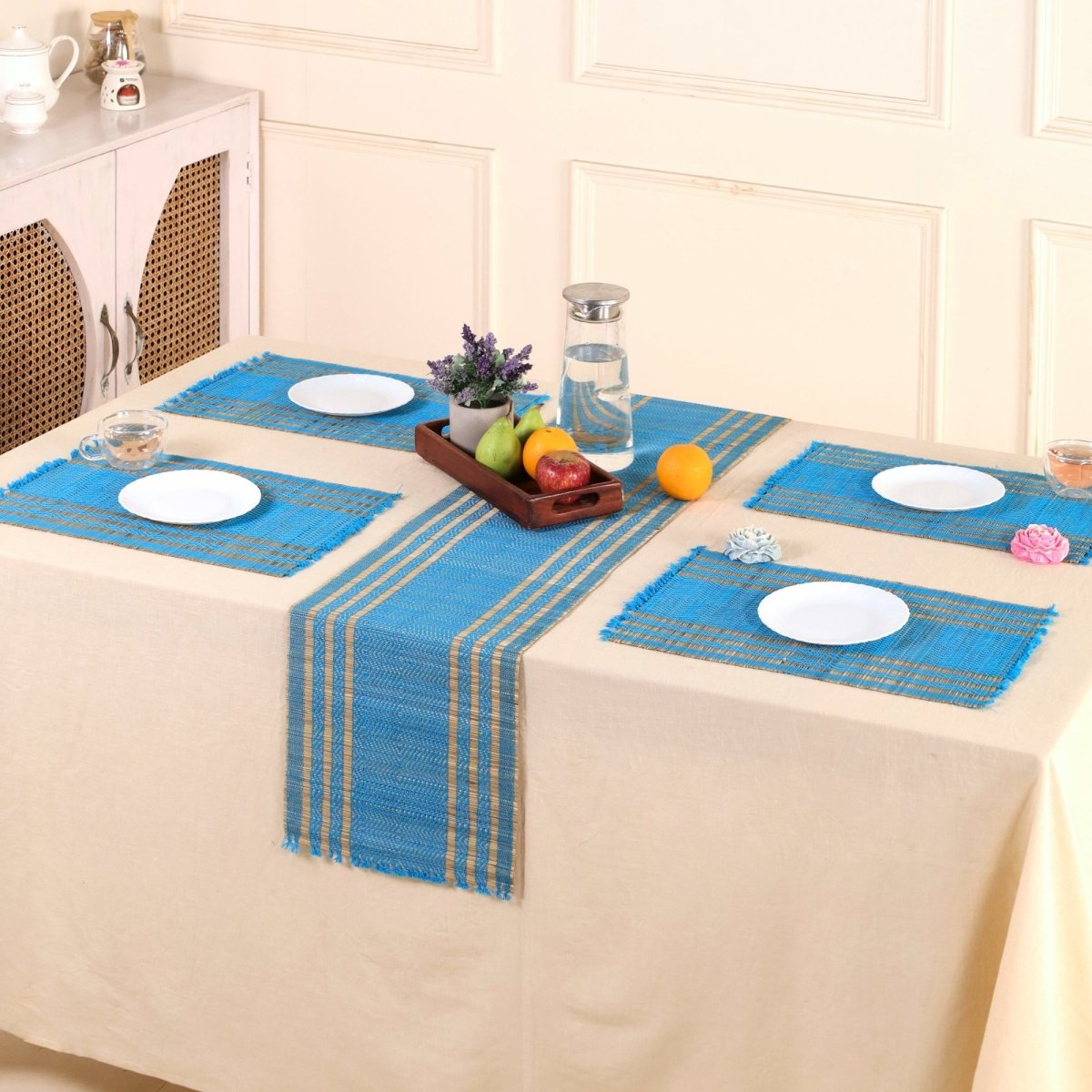 Dining Table Mats and Table Runner In Blue Set of 6 and 4 | Tableware Handwoven from Natural Grass
