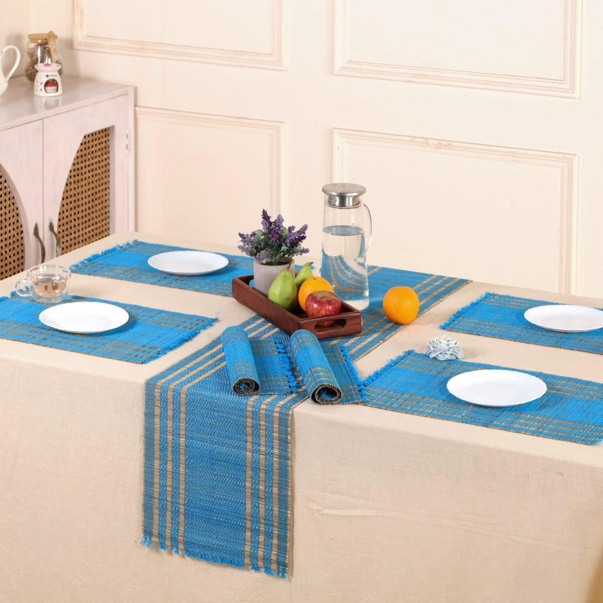 Dining Table Mats and Table Runner In Blue Set of 6 and 4 | Tableware Handwoven from Natural Grass