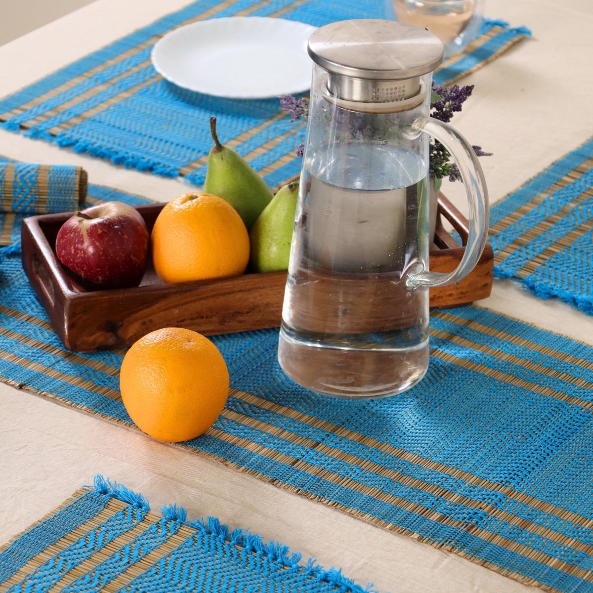 Dining Table Mats and Table Runner In Blue Set of 6 and 4 | Tableware Handwoven from Natural Grass